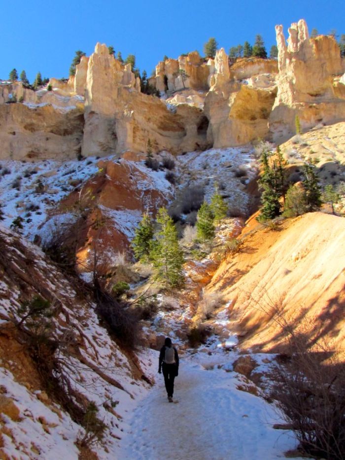 Snowy and icy trail along the canyon floor