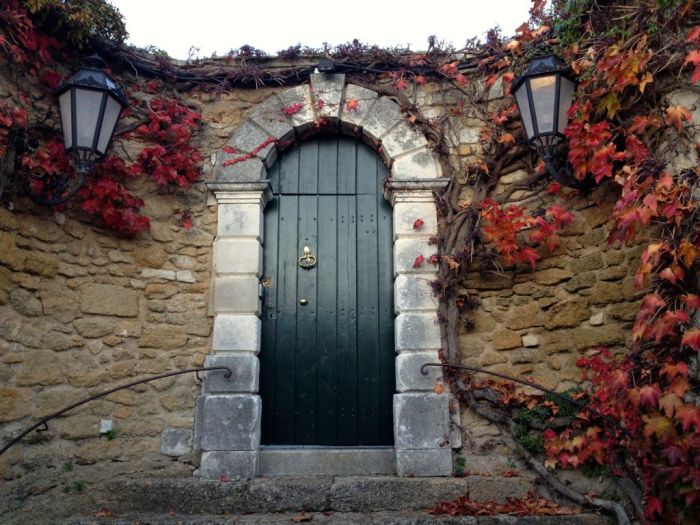 green door, fall, fall colour, vines, stone wall