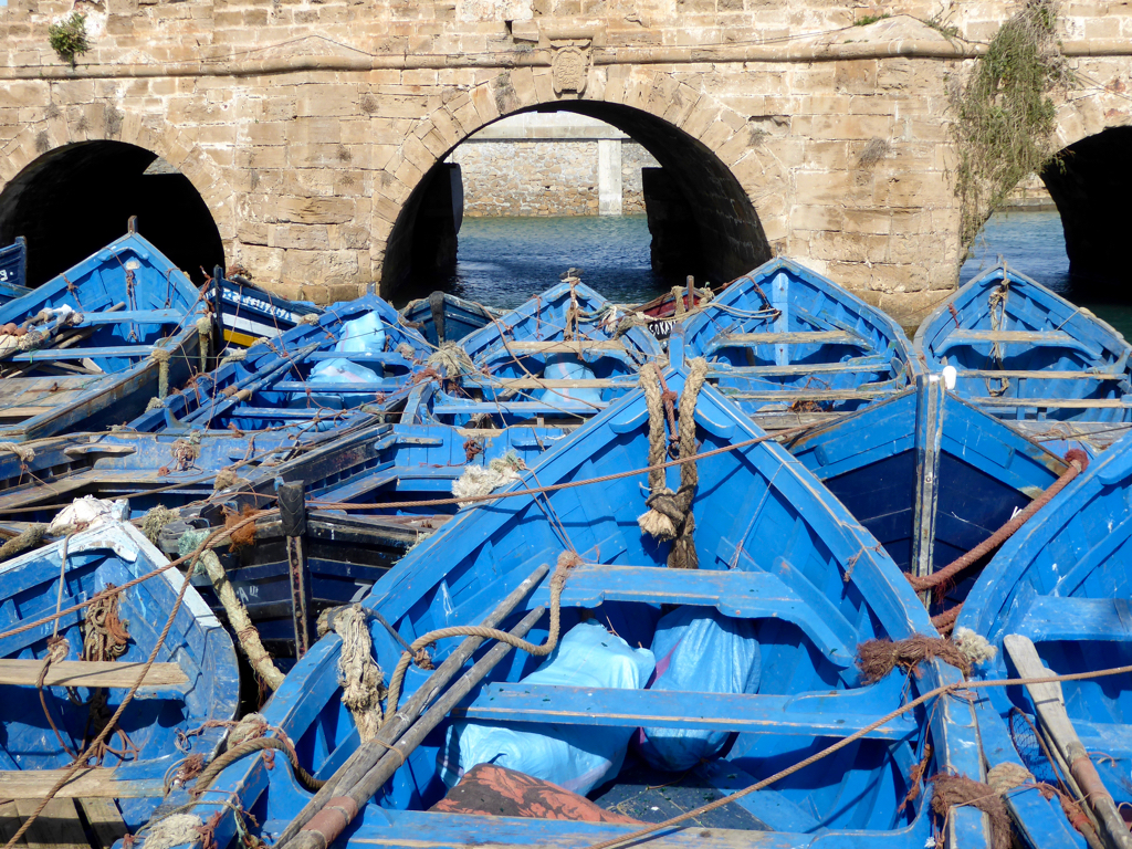 Blue boats in the Essaouira harbour